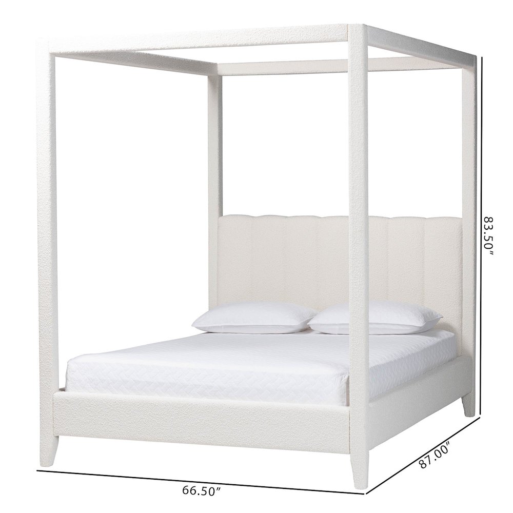 Boucle Upholstered Canopy Bed - Platform Bed with Tufted Headboard, Cream, Queen. Picture 8