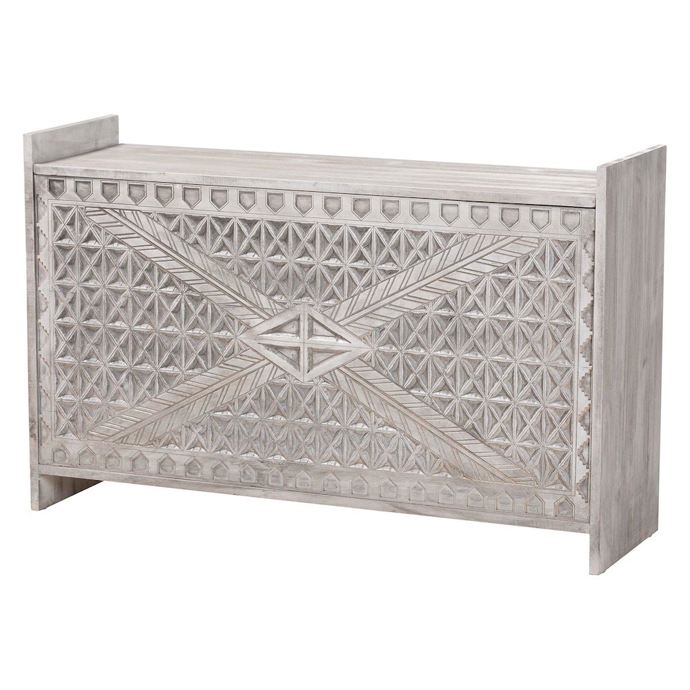 Amado Wood Storage Trunk with Carved Front Panel - Decorative Whitewashed Trunk. Picture 1