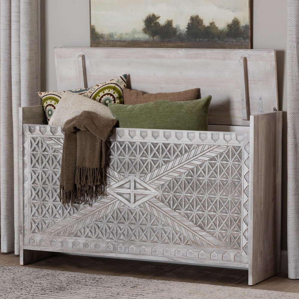 Amado Wood Storage Trunk with Carved Front Panel - Decorative Whitewashed Trunk. Picture 9