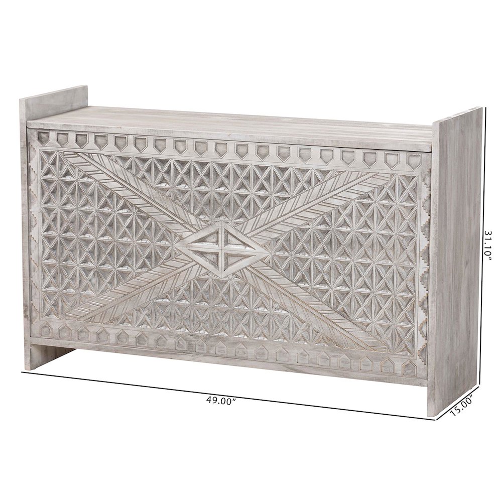 Amado Wood Storage Trunk with Carved Front Panel - Decorative Whitewashed Trunk. Picture 10