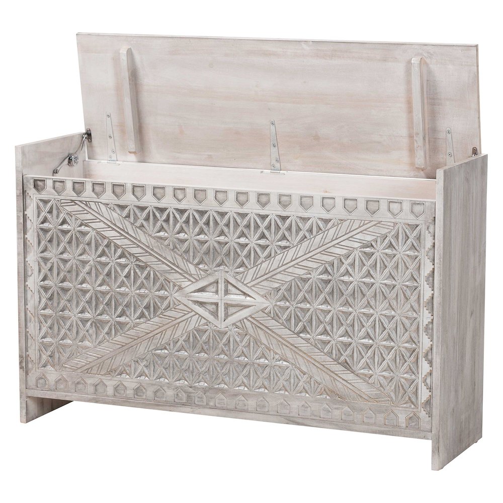 Amado Wood Storage Trunk with Carved Front Panel - Decorative Whitewashed Trunk. Picture 2