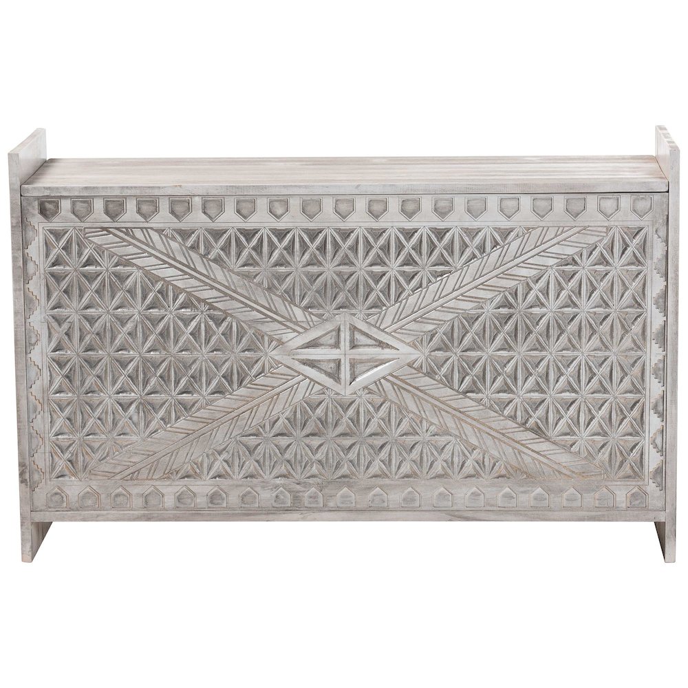 Amado Wood Storage Trunk with Carved Front Panel - Decorative Whitewashed Trunk. Picture 3