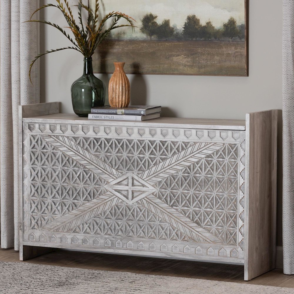 Amado Wood Storage Trunk with Carved Front Panel - Decorative Whitewashed Trunk. Picture 8