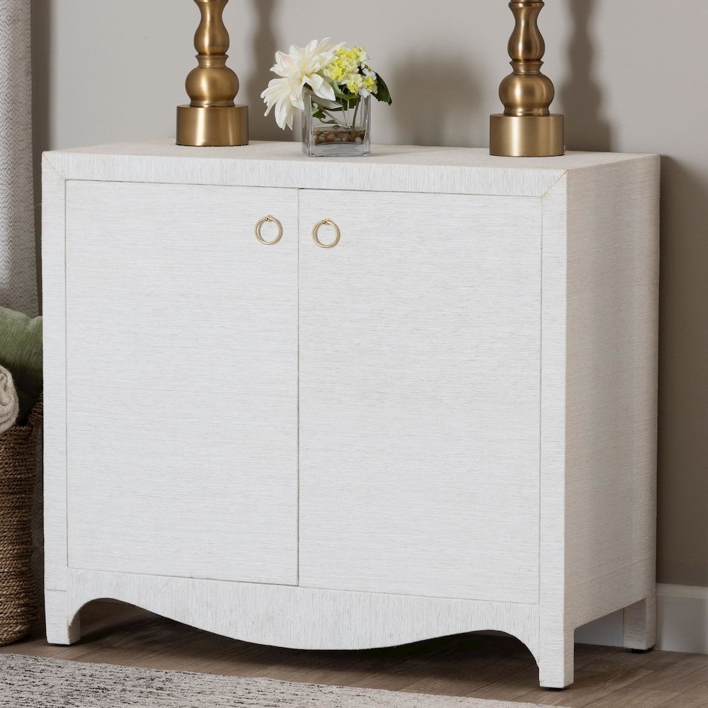 Grasscloth Storage Cabinet - 2-Door Woven Accent Cabinet with Gold Ring Pulls. Picture 8