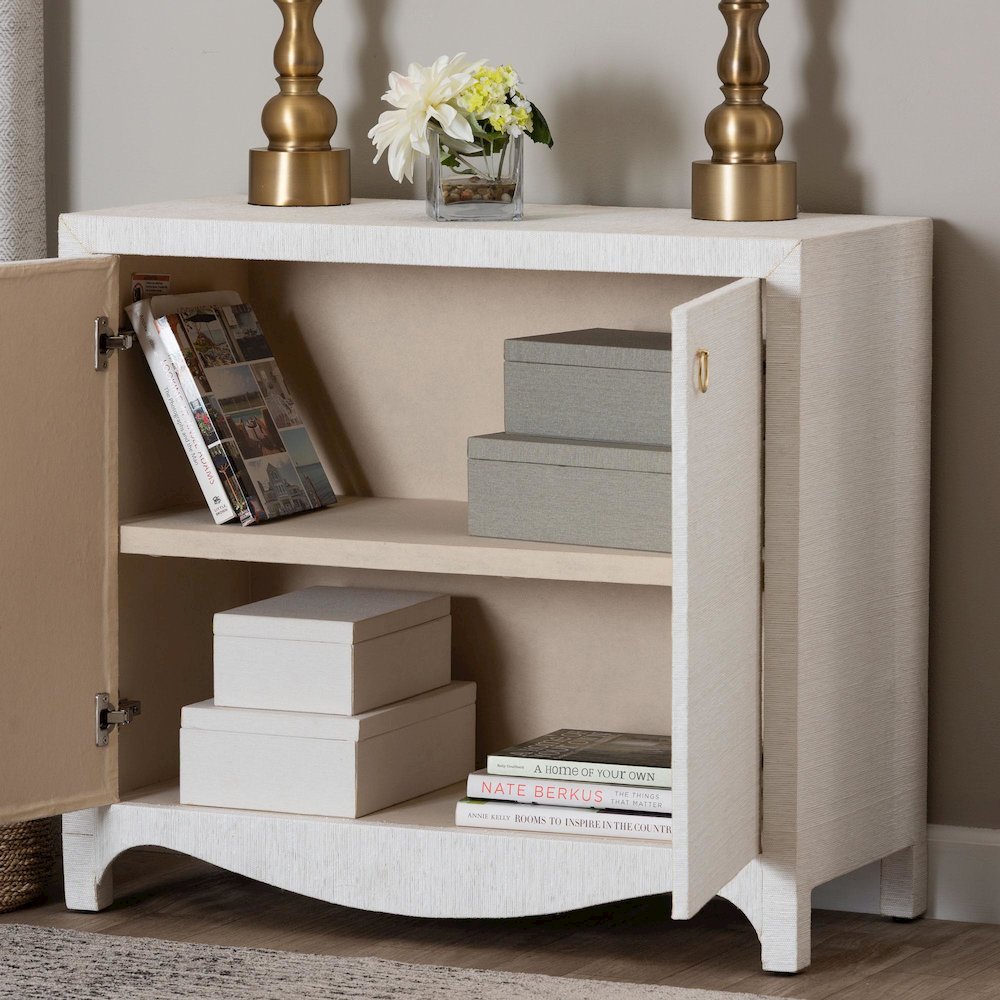 Grasscloth Storage Cabinet - 2-Door Woven Accent Cabinet with Gold Ring Pulls. Picture 9
