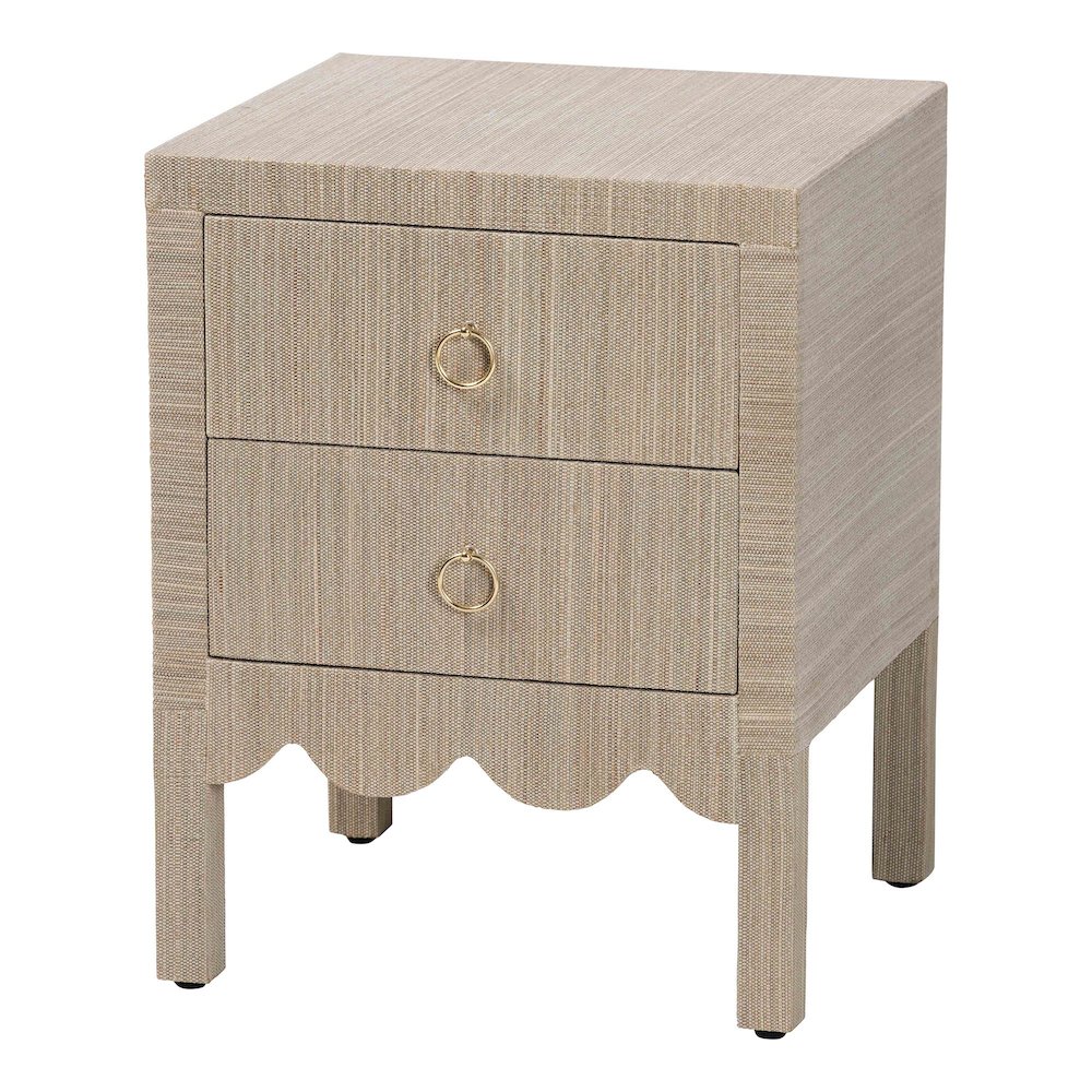 Grasscloth Nightstand with Scalloped Base - Woven Texture 2-Drawer Bedside Table. Picture 1