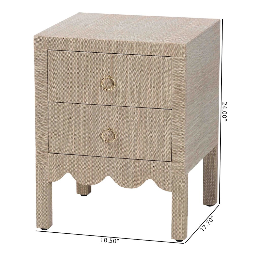 Grasscloth Nightstand with Scalloped Base - Woven Texture 2-Drawer Bedside Table. Picture 10