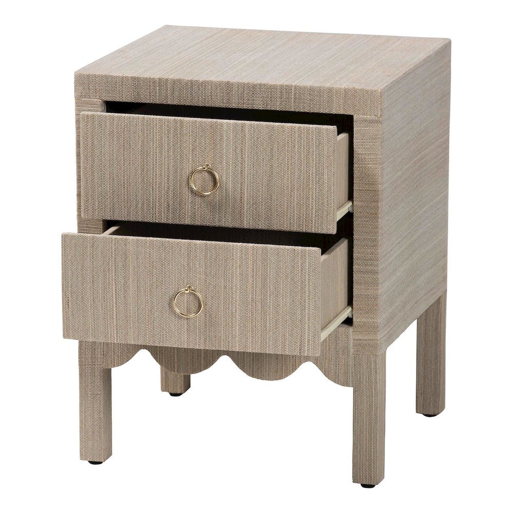 Grasscloth Nightstand with Scalloped Base - Woven Texture 2-Drawer Bedside Table. Picture 2