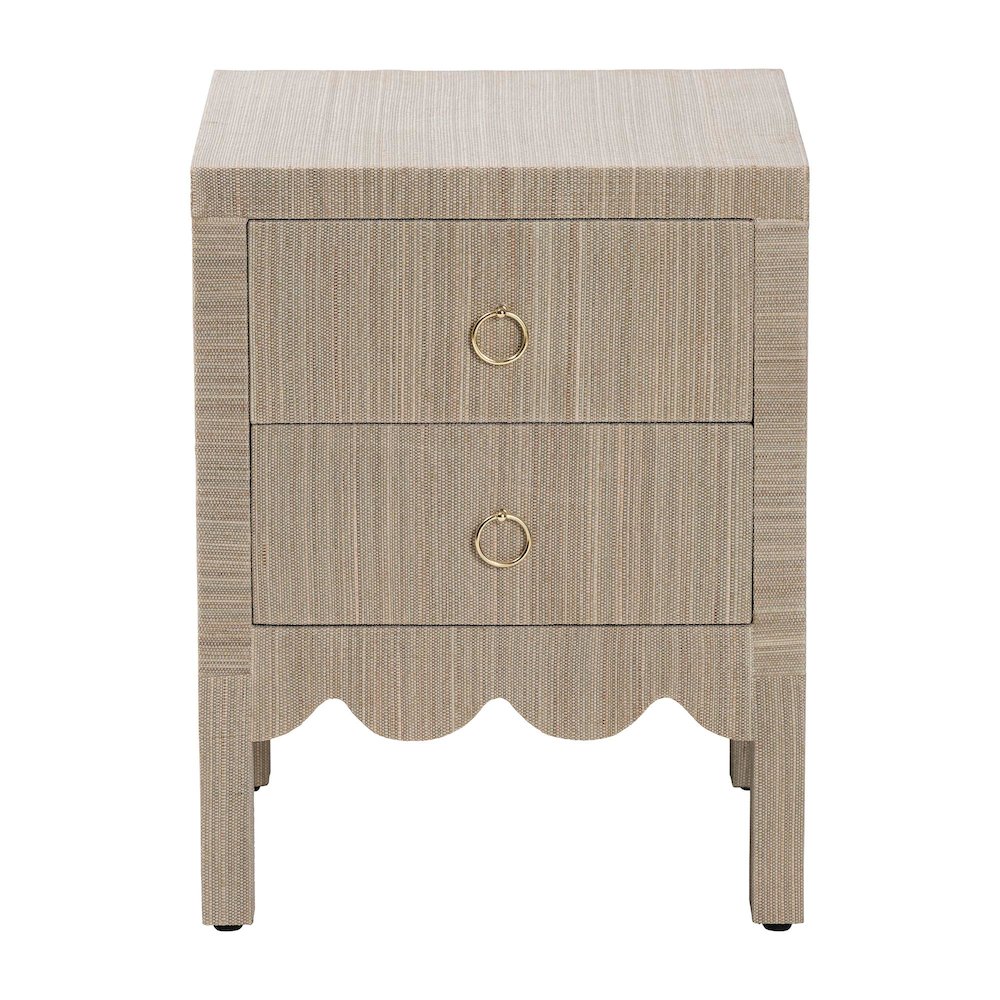 Grasscloth Nightstand with Scalloped Base - Woven Texture 2-Drawer Bedside Table. Picture 3
