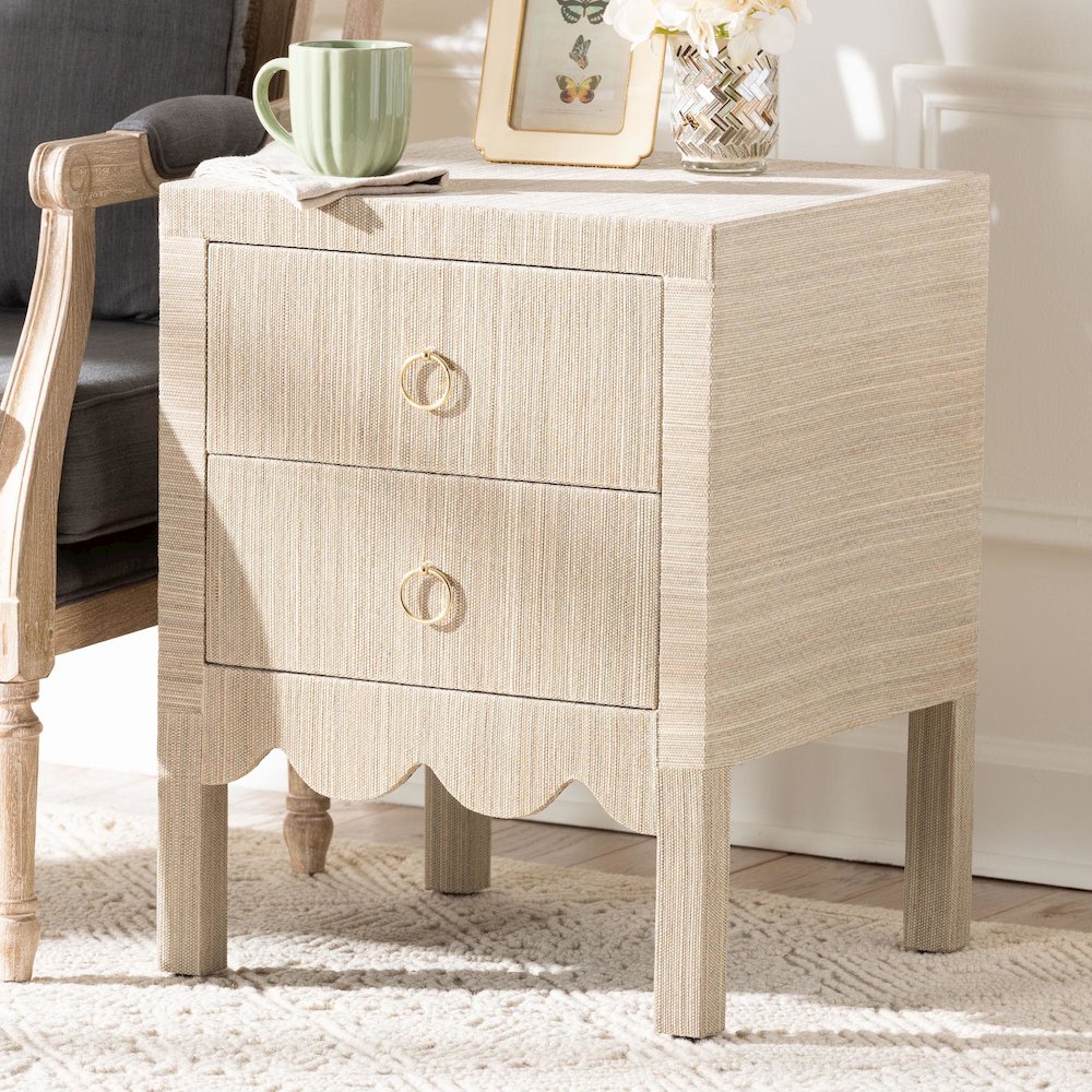 Grasscloth Nightstand with Scalloped Base - Woven Texture 2-Drawer Bedside Table. Picture 9