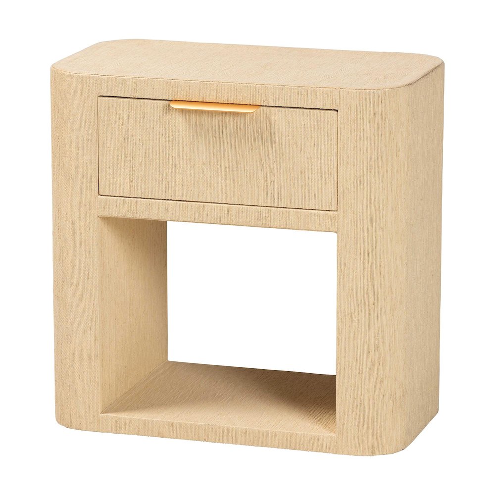 Grasscloth 1-Drawer Nightstand with Open Shelf - Woven Texture Bedside Table. Picture 1