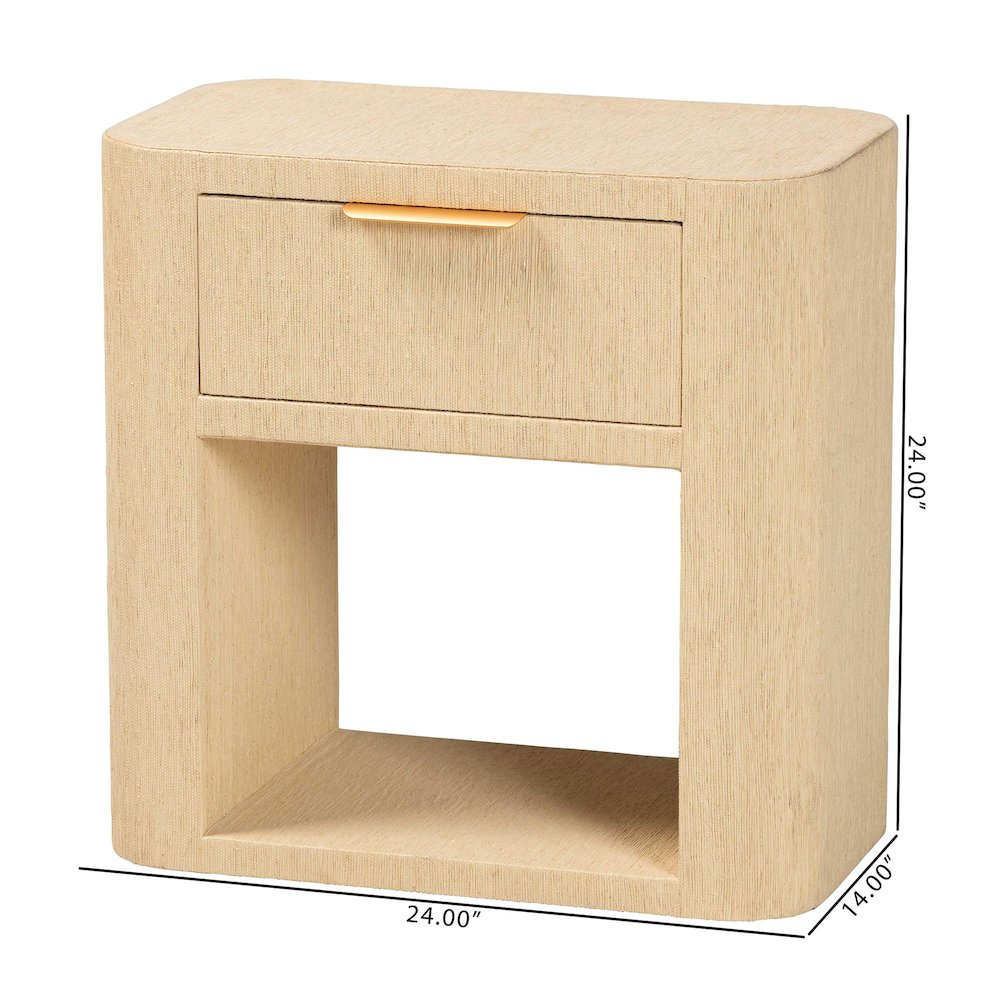 Grasscloth 1-Drawer Nightstand with Open Shelf - Woven Texture Bedside Table. Picture 10