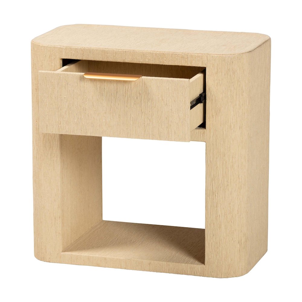Grasscloth 1-Drawer Nightstand with Open Shelf - Woven Texture Bedside Table. Picture 2