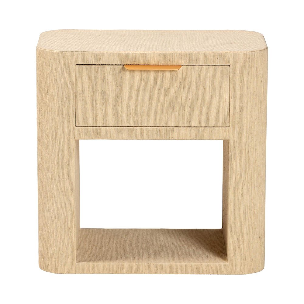 Grasscloth 1-Drawer Nightstand with Open Shelf - Woven Texture Bedside Table. Picture 3