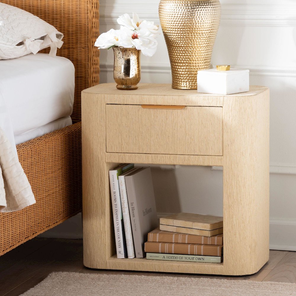 Grasscloth 1-Drawer Nightstand with Open Shelf - Woven Texture Bedside Table. Picture 9