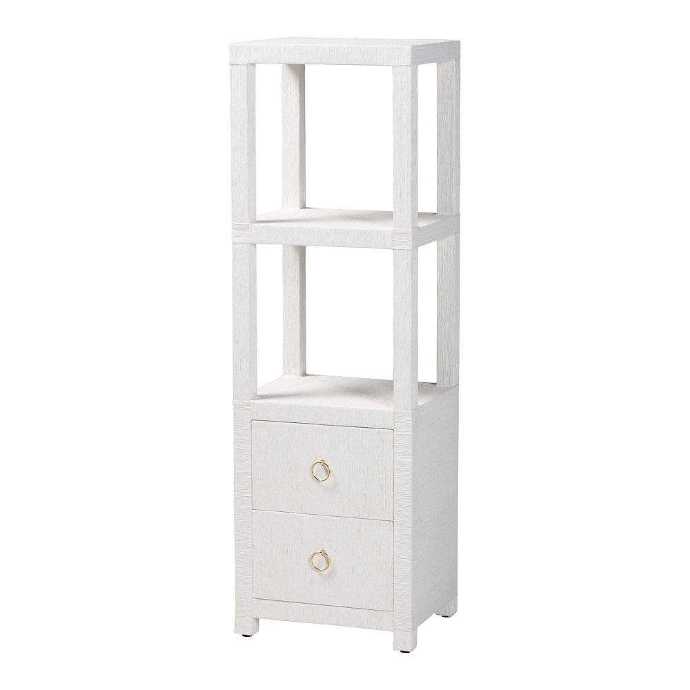 Grasscloth Tall Storage Cabinet  with Open Shelves and Drawers. Picture 1