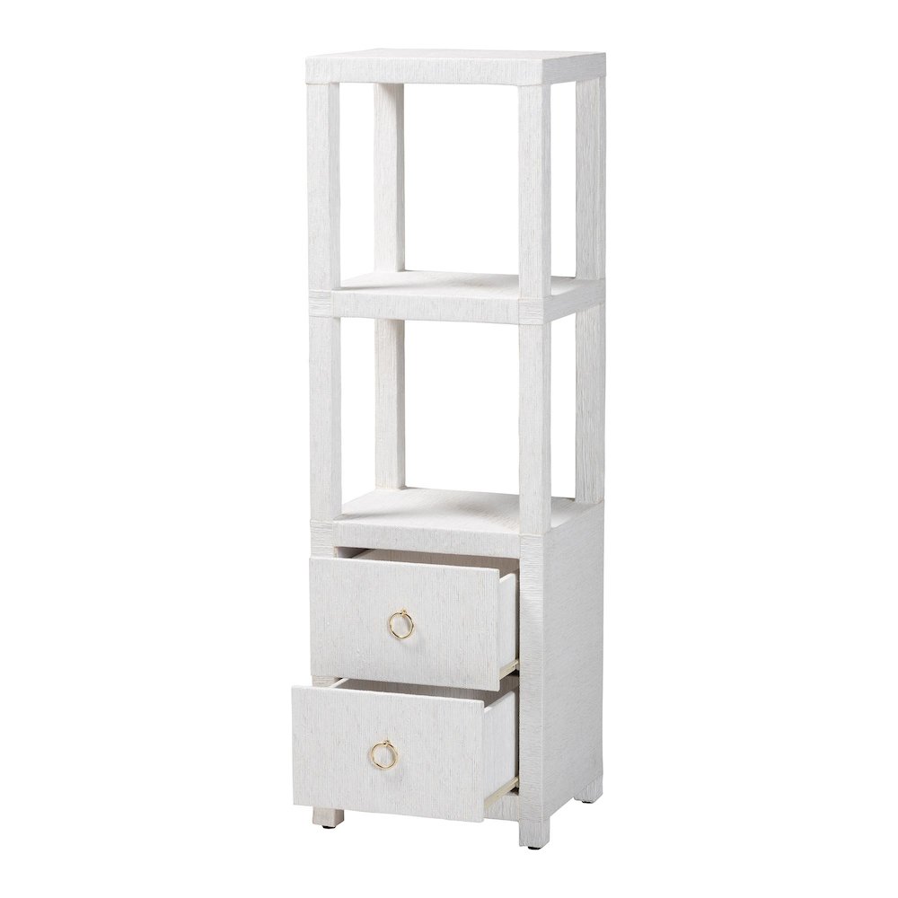 Grasscloth Tall Storage Cabinet  with Open Shelves and Drawers. Picture 2
