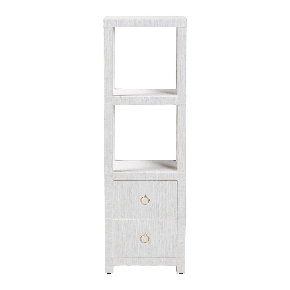 Grasscloth Tall Storage Cabinet  with Open Shelves and Drawers. Picture 3