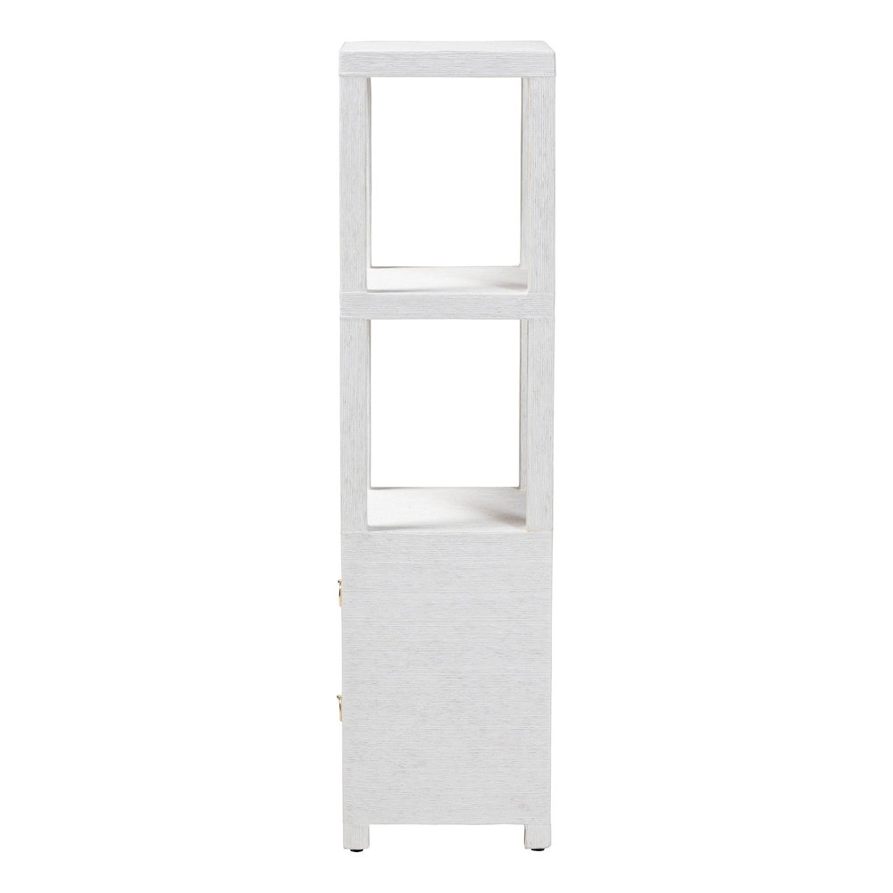 Grasscloth Tall Storage Cabinet  with Open Shelves and Drawers. Picture 4