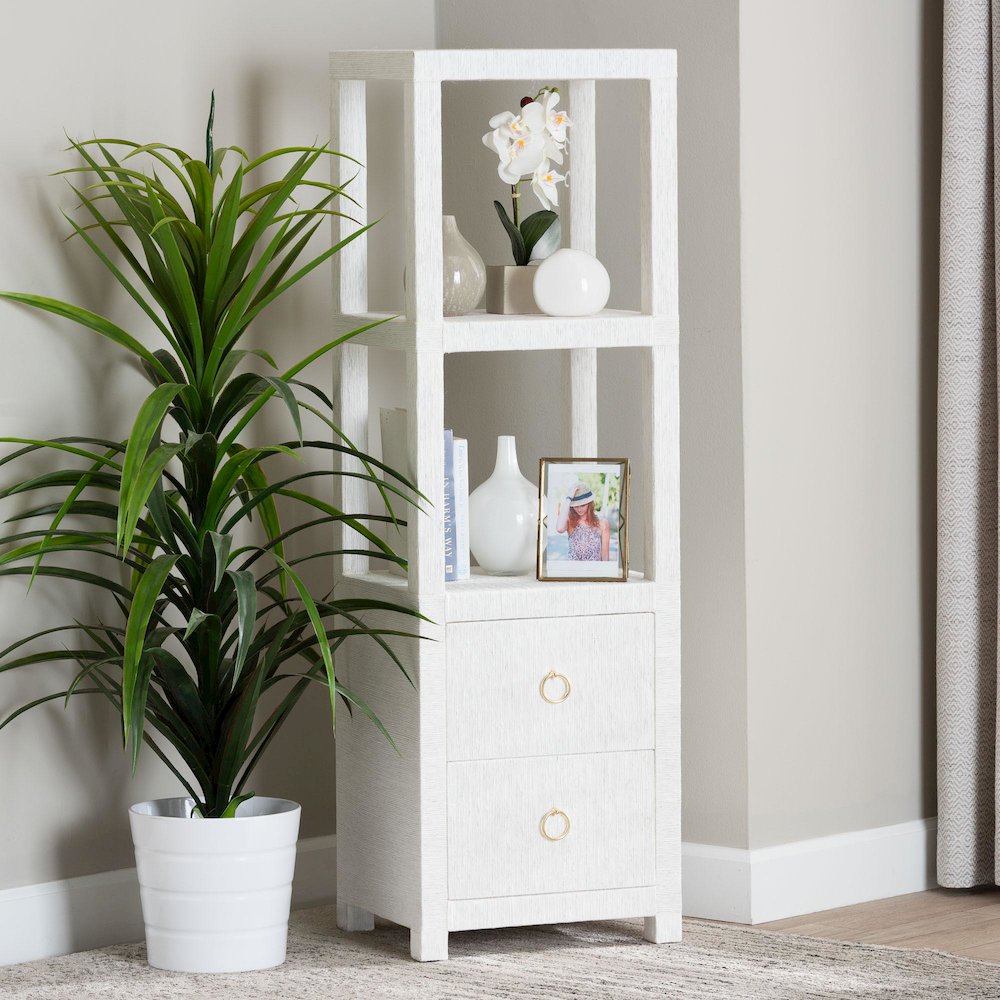 Grasscloth Tall Storage Cabinet  with Open Shelves and Drawers. Picture 9