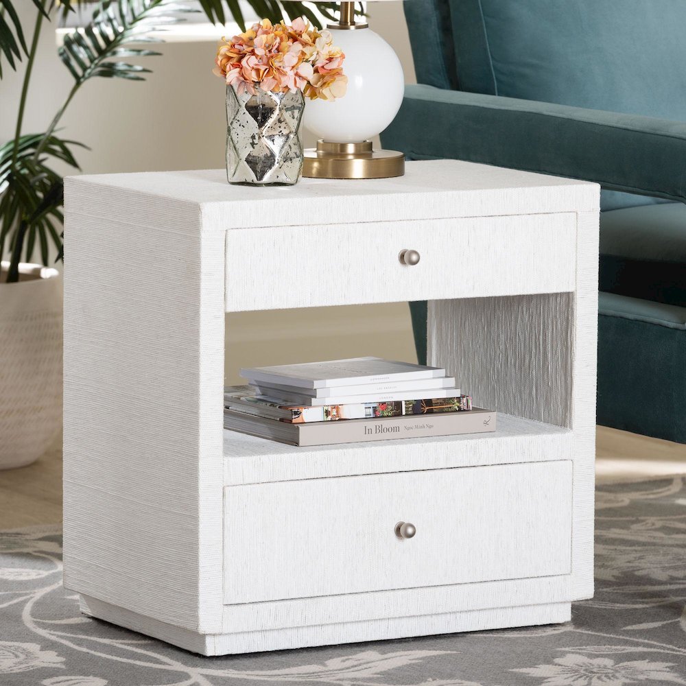 Grasscloth End Table - 2-Drawer Accent Table or Nightstand with Open Shelf. Picture 9