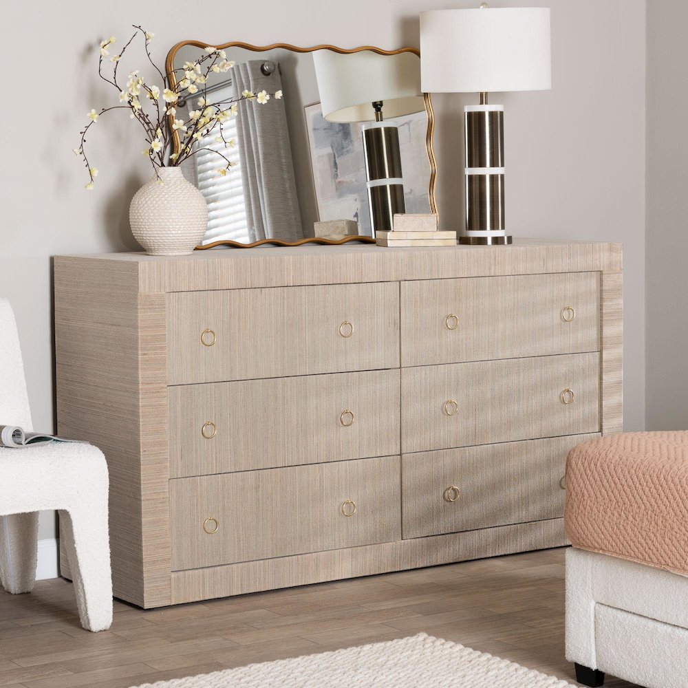 Sage Natural Grasscloth Dresser - 6-Drawer Bedroom Storage Cabinet. Picture 7