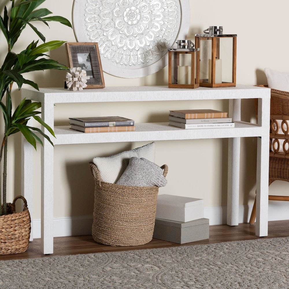 Natural Grasscloth Console Table - Two-Tier Entryway Table with Open Shelf. Picture 6