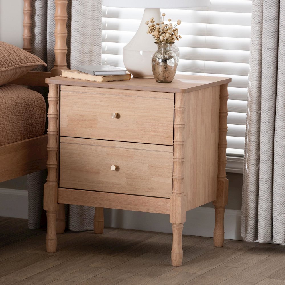 Nightstand - 2-Drawer Bedside Table with Bamboo-Style Turned Legs. Picture 8