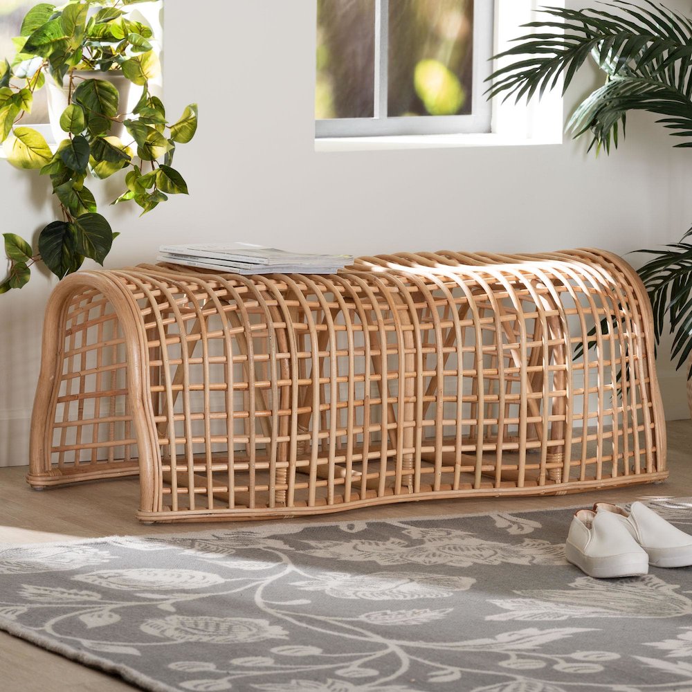 Natural Rattan Bench with Curved Frame - Lightweight Decorative. Picture 6
