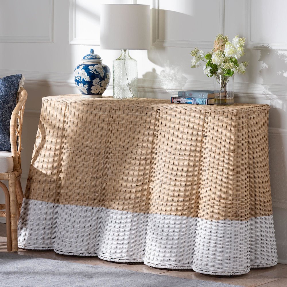 Rattan Console Accent Table, Coastal/Boho Decor, Rectangle 54", White/Natural. Picture 2