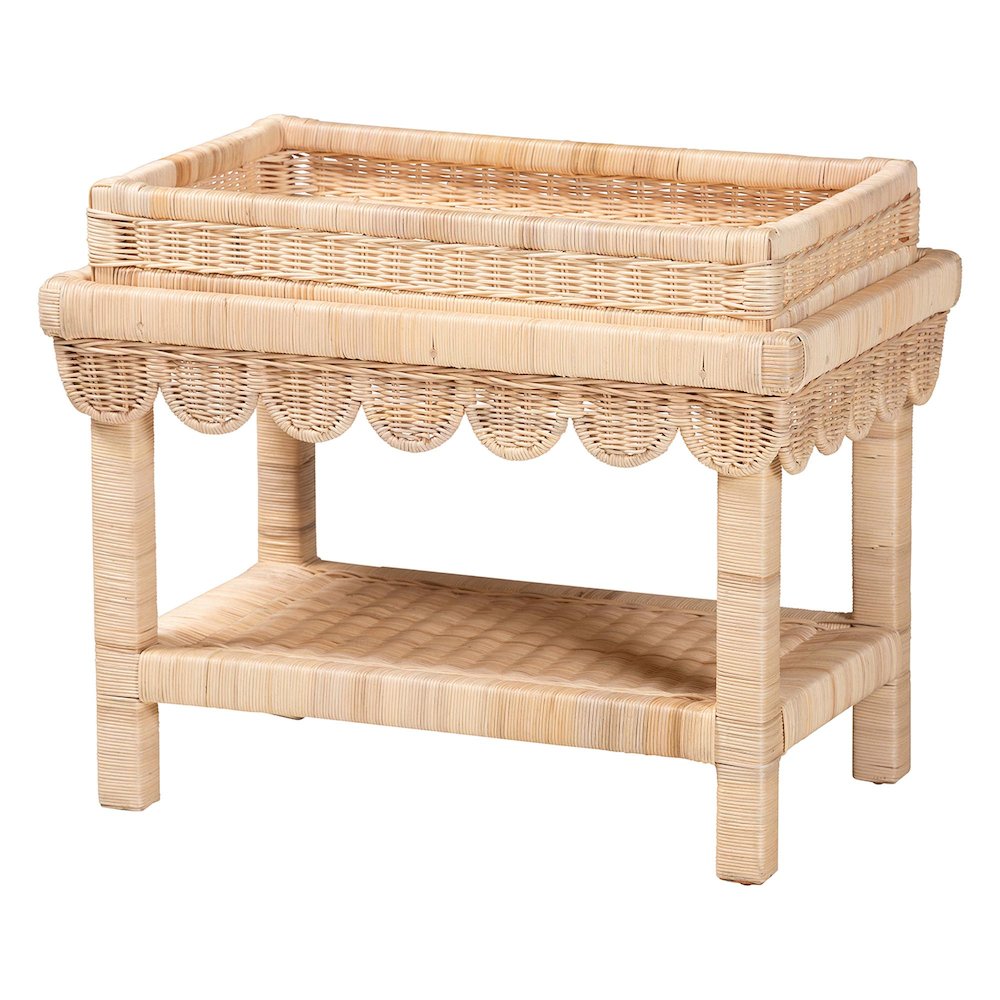 Scalloped Rattan End Table with Removable Tray Top-Handwoven Rattan Accent Table. Picture 1