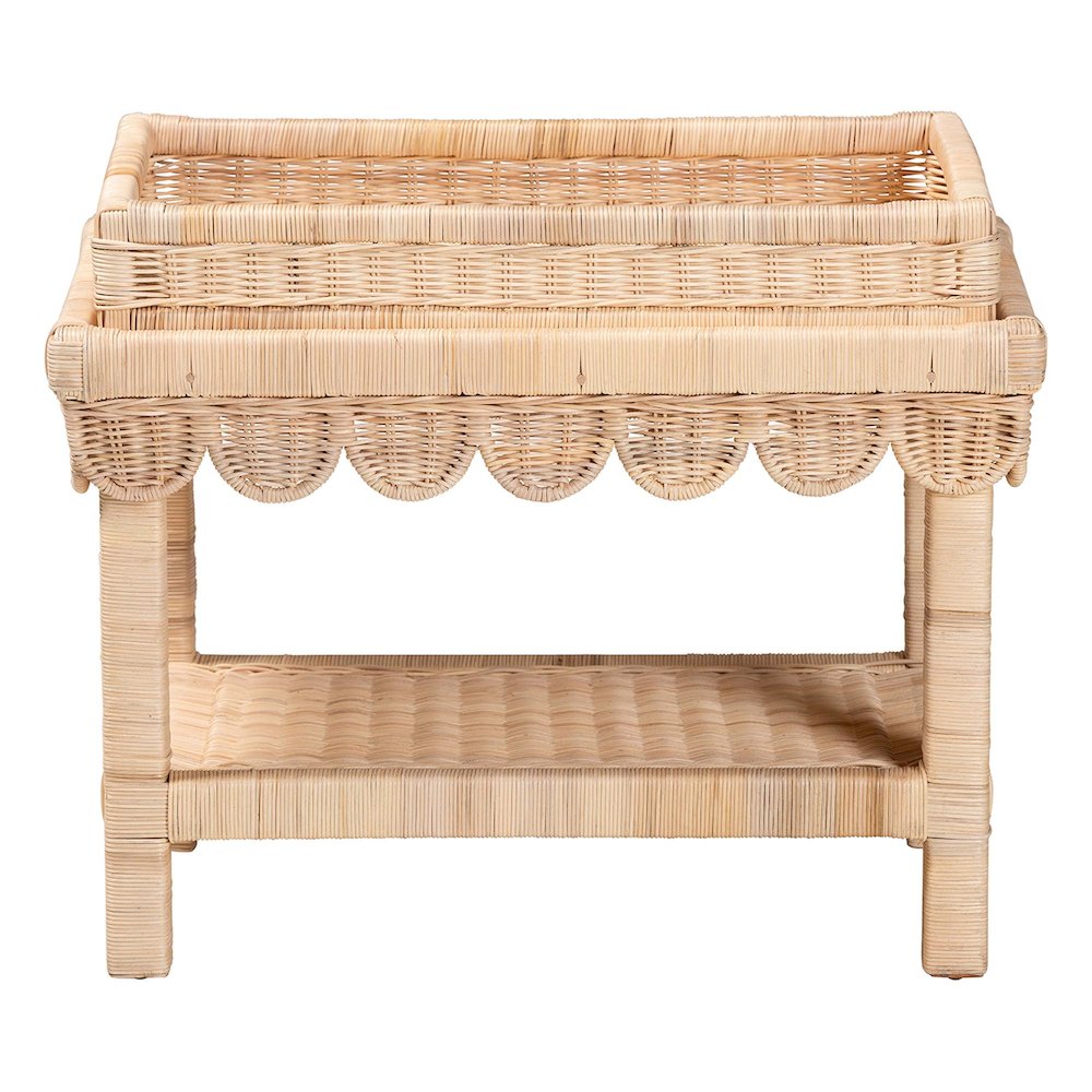Scalloped Rattan End Table with Removable Tray Top-Handwoven Rattan Accent Table. Picture 3