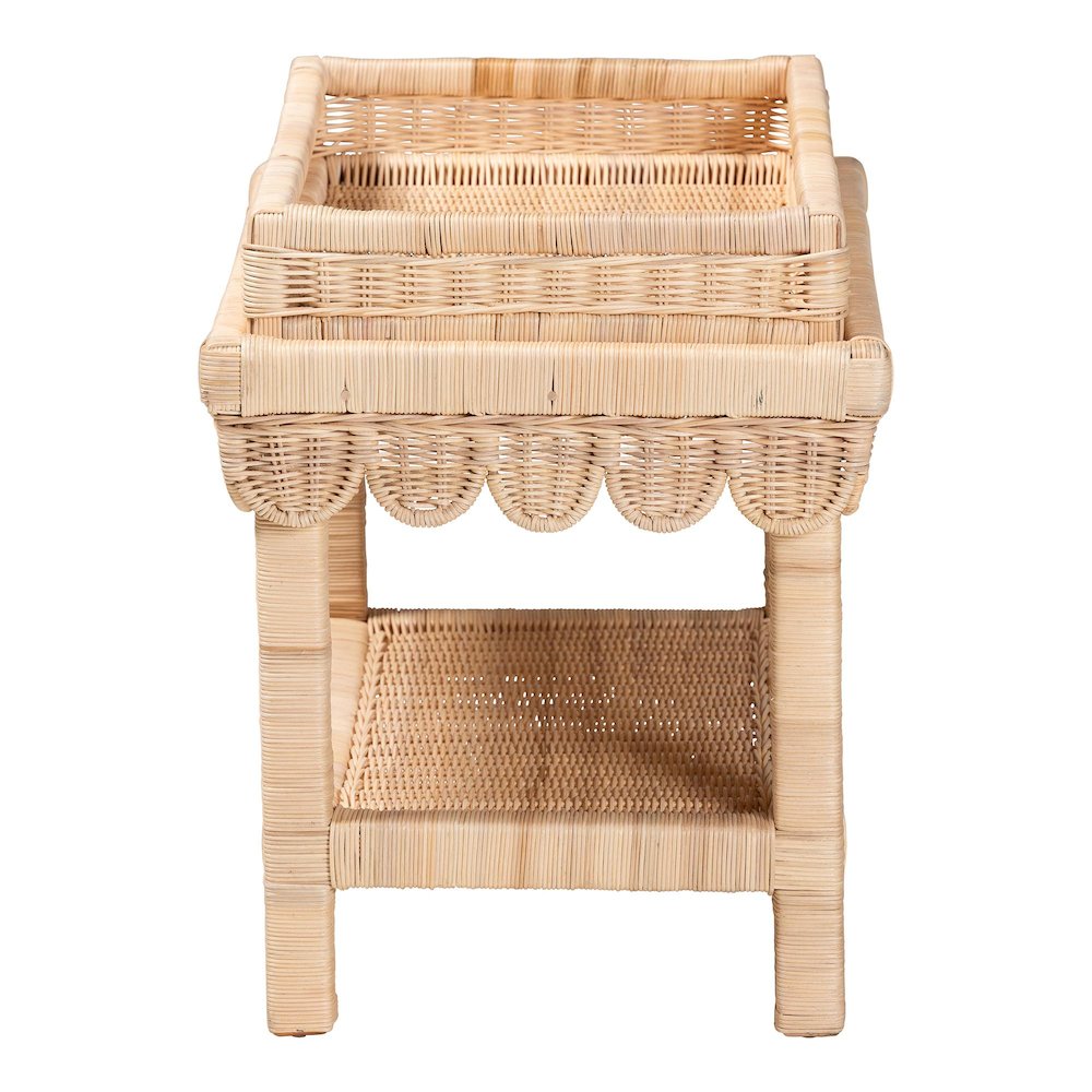 Scalloped Rattan End Table with Removable Tray Top-Handwoven Rattan Accent Table. Picture 4