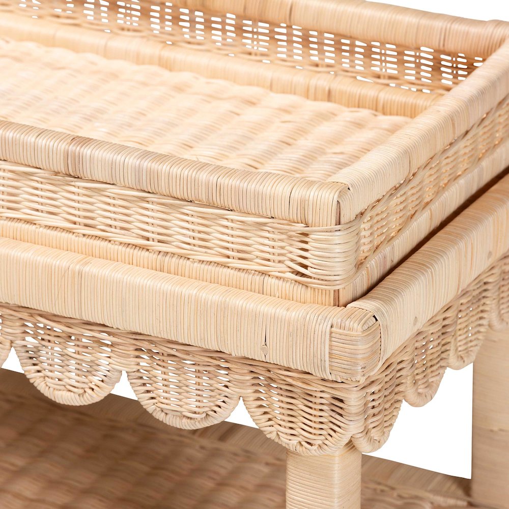 Scalloped Rattan End Table with Removable Tray Top-Handwoven Rattan Accent Table. Picture 5