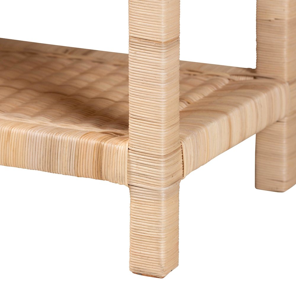 Scalloped Rattan End Table with Removable Tray Top-Handwoven Rattan Accent Table. Picture 6