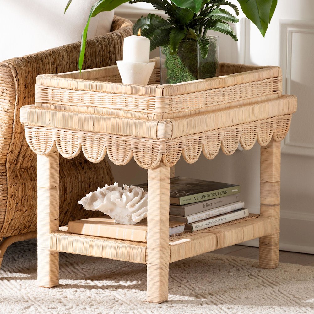Scalloped Rattan End Table with Removable Tray Top-Handwoven Rattan Accent Table. Picture 8