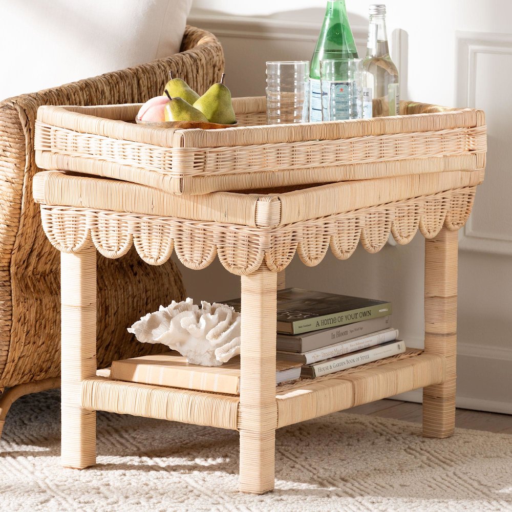 Scalloped Rattan End Table with Removable Tray Top-Handwoven Rattan Accent Table. Picture 9