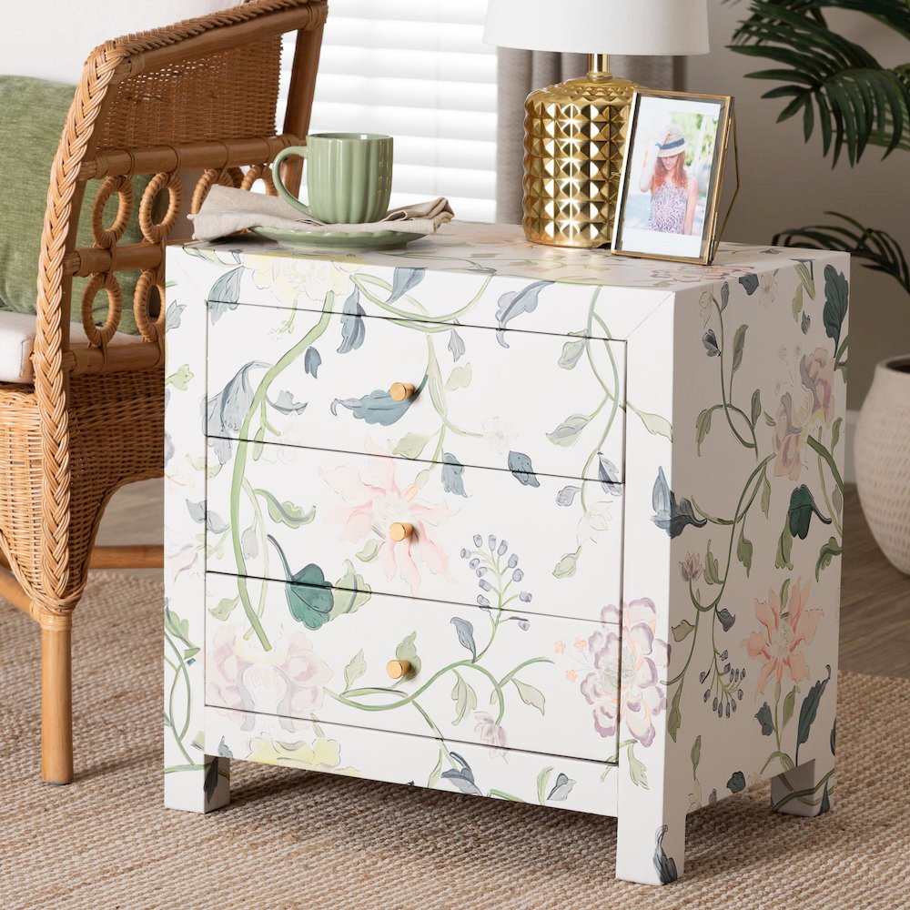 Connery Floral End Table - 3-Drawer Decorative Accent Storage Cabinet. Picture 9