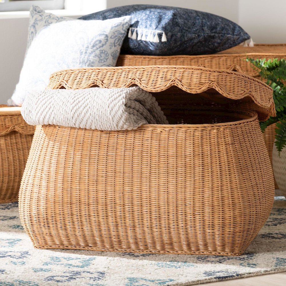 Ayleen Natural Rattan Basket - Handwoven Storage Box, Boho Coastal Decor, Medium. Picture 8