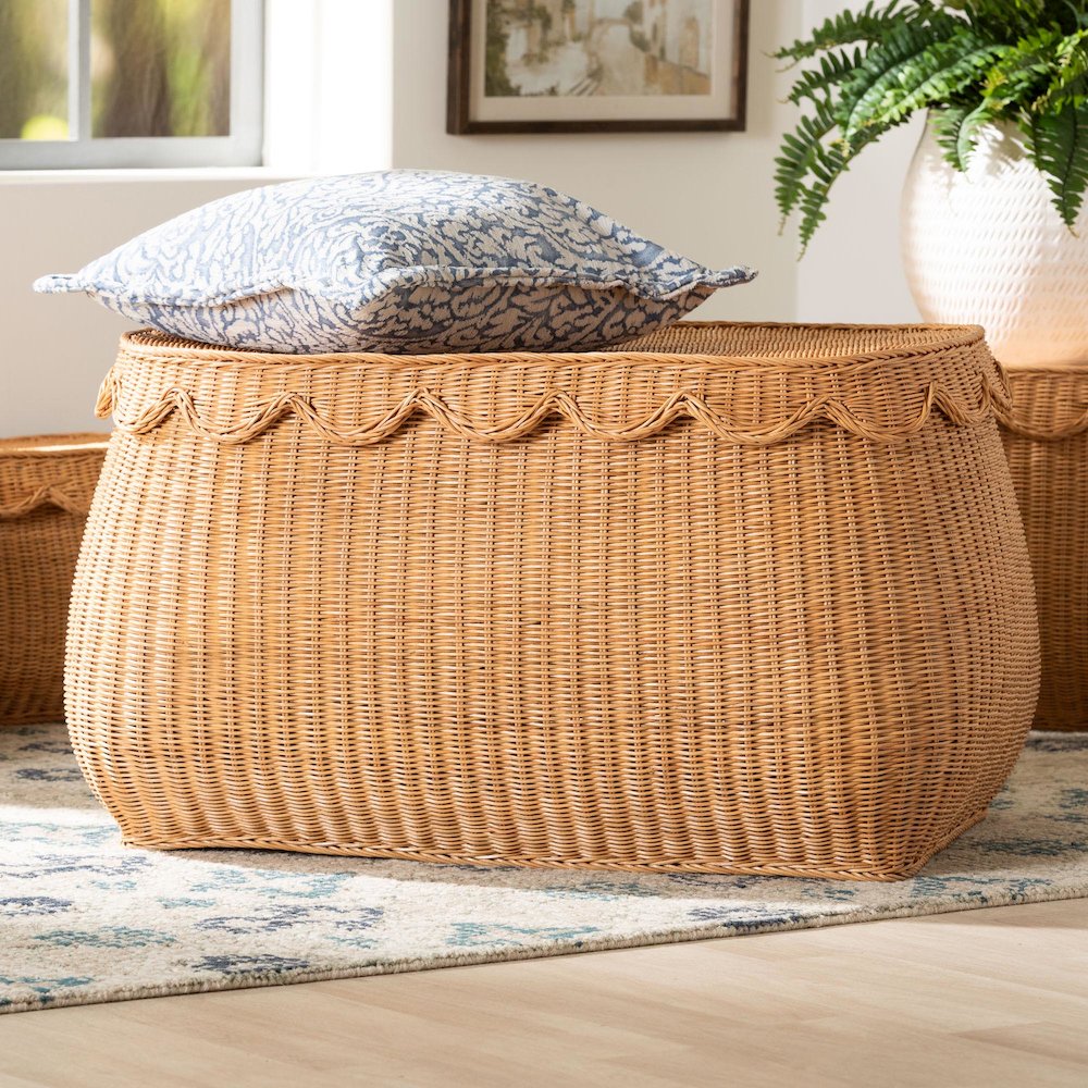 Ayleen Natural Rattan Basket - Handwoven Storage Box, Boho Coastal Decor, Large. Picture 9