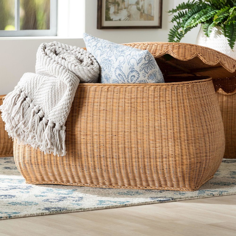Ayleen Natural Rattan Basket - Handwoven Storage Box, Boho Coastal Decor, Large. Picture 8