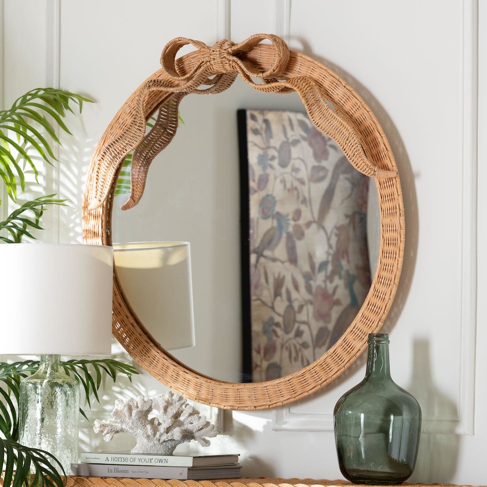 Creusa Natural Rattan Round Wall Mirror -Handwoven Wicker Frame. Picture 4