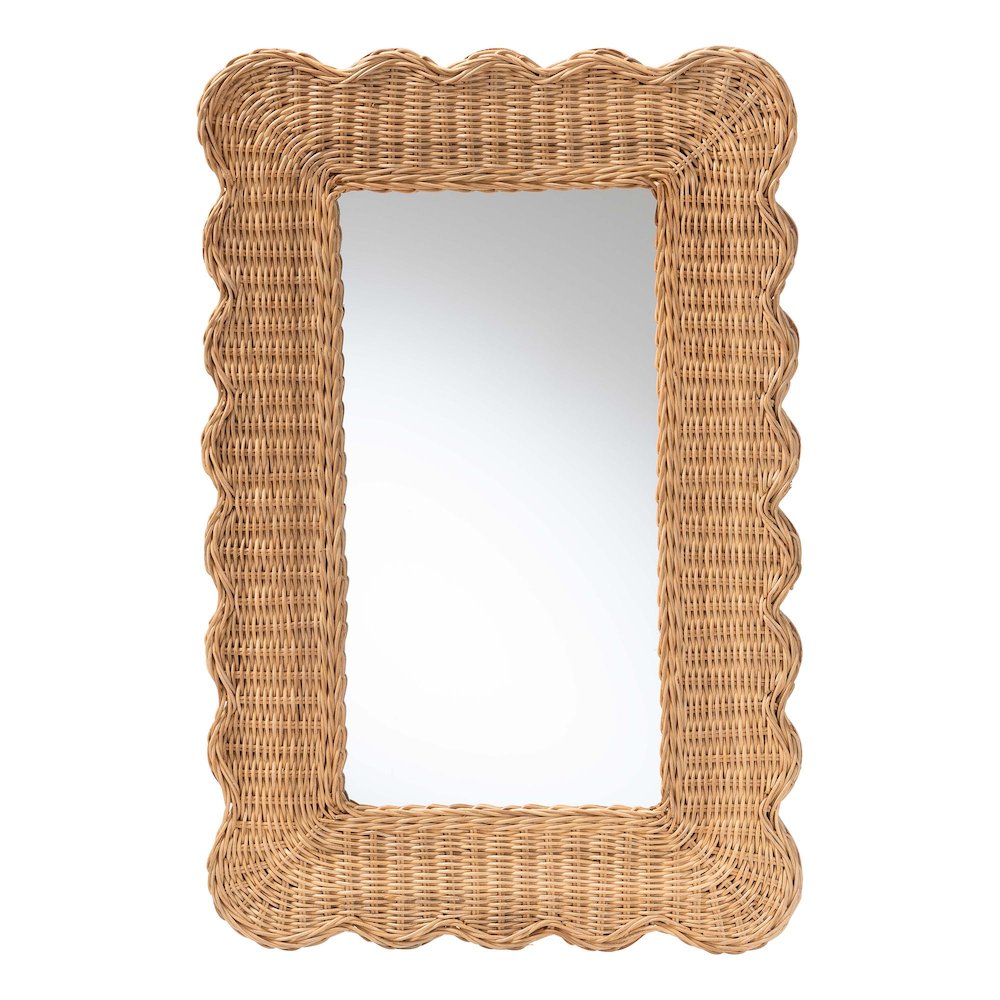 Makoto Scalloped Natural Rattan Wall Mirror, Handwoven Wicker Rectangle Frame. Picture 1