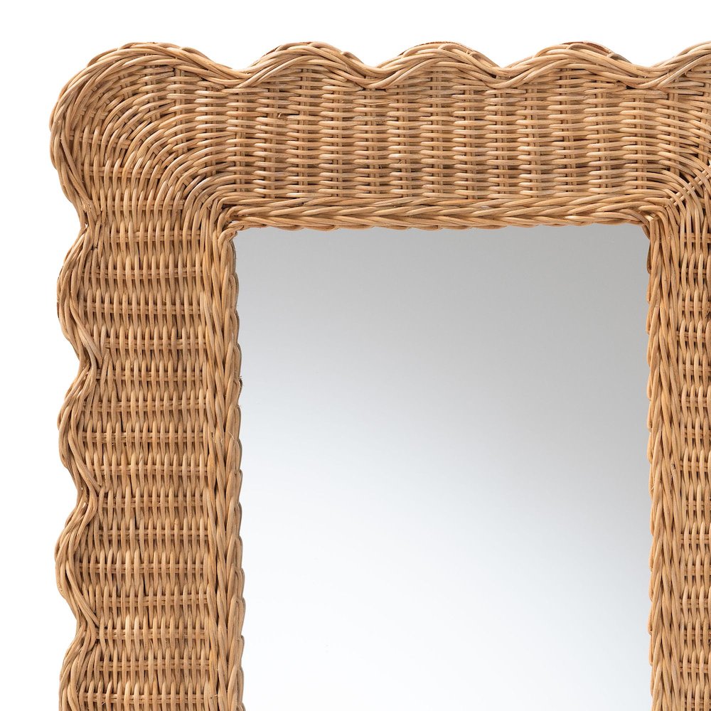 Makoto Scalloped Natural Rattan Wall Mirror, Handwoven Wicker Rectangle Frame. Picture 3