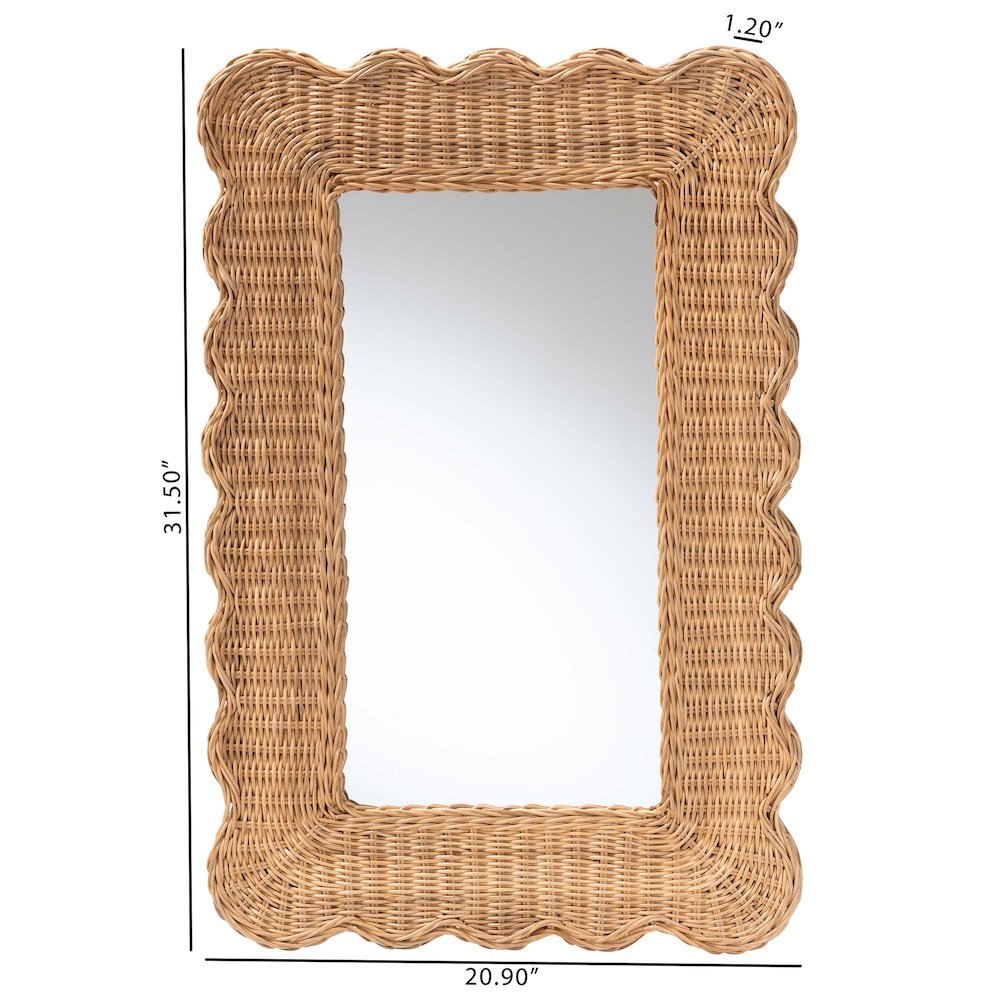 Makoto Scalloped Natural Rattan Wall Mirror, Handwoven Wicker Rectangle Frame. Picture 2
