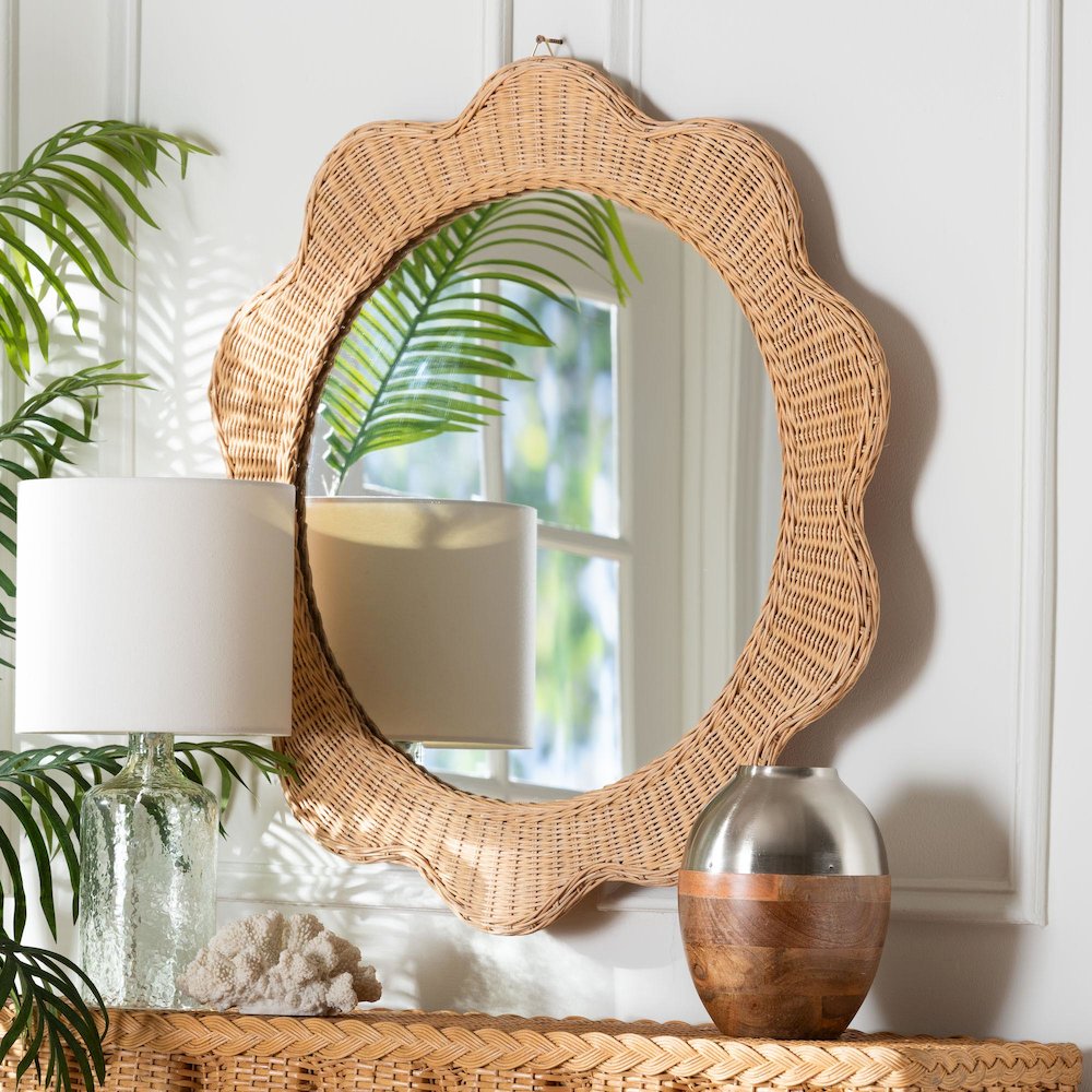 Makoto Scalloped Natural Rattan Wall Mirror - Handwoven Wicker Round Frame. Picture 4