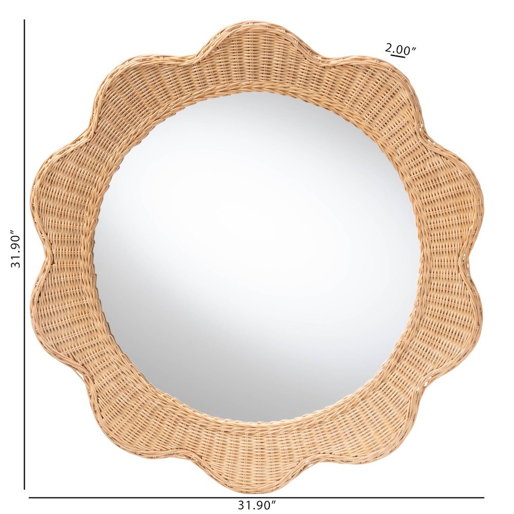 Makoto Scalloped Natural Rattan Wall Mirror - Handwoven Wicker Round Frame. Picture 3