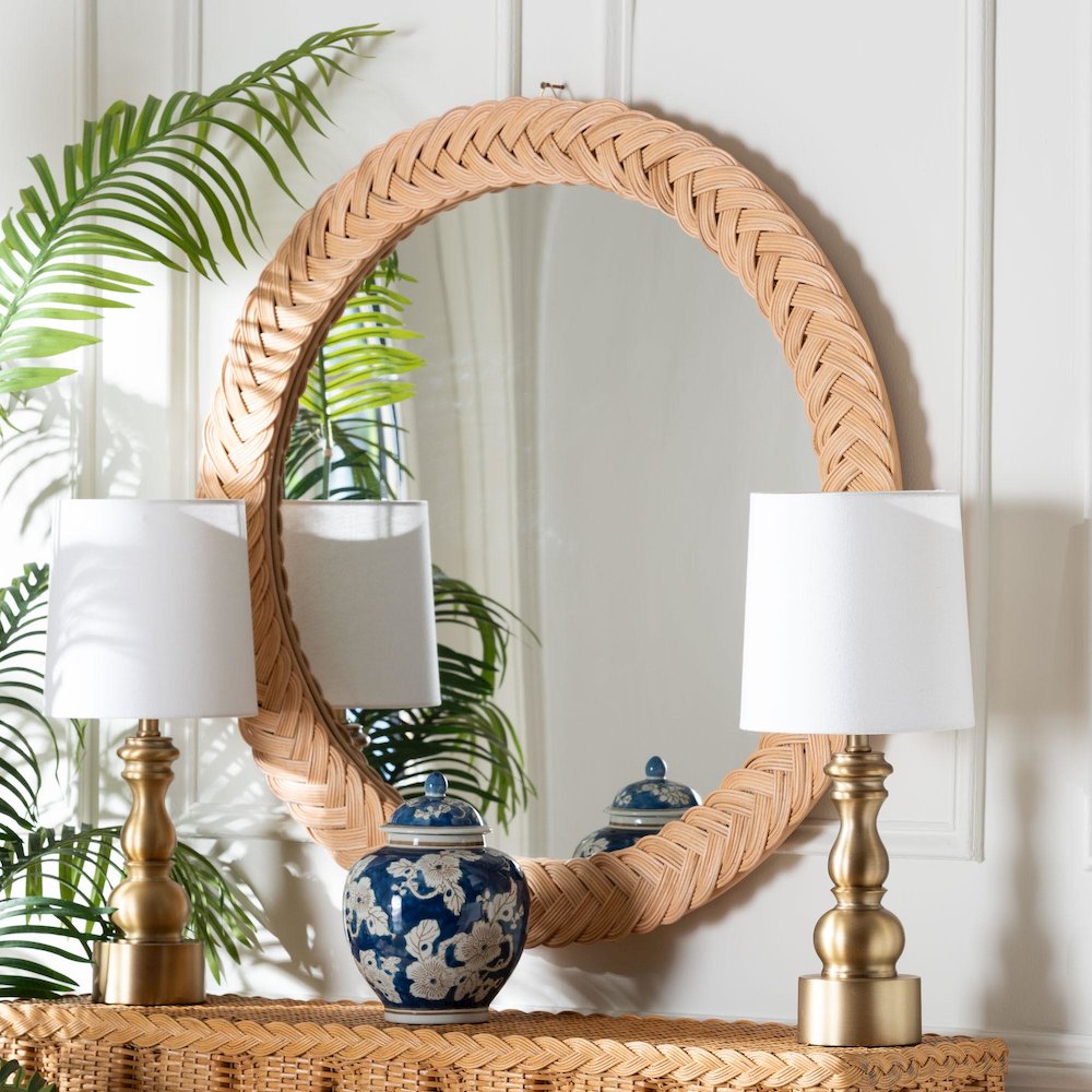 Nara Natural Rattan Wall Mirror - Handwoven Braided Wicker Frame. Picture 4
