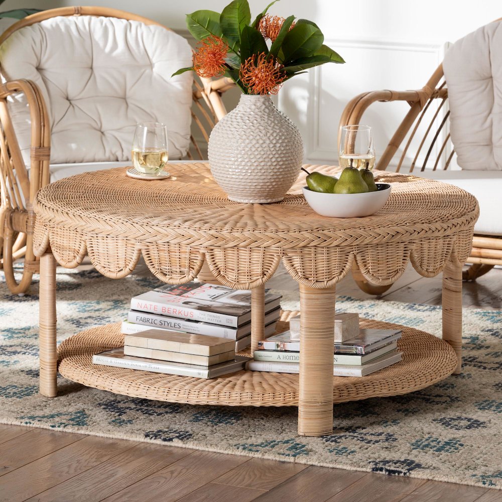 Latoya Natural Rattan Coffee Table - Handwoven Round Wicker Table. Picture 8