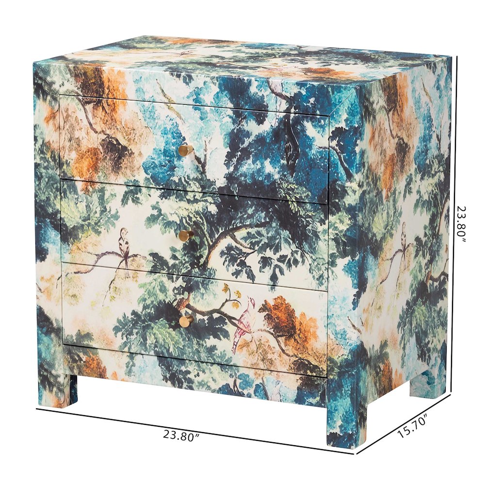 Adeline End Table with Printed Nature Motif - 3-Drawer Storage Cabinet. Picture 4